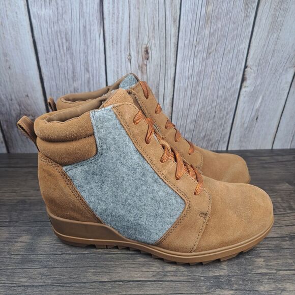 Sorel Evie Lace Up Wedge Leather Ankle Suede Bootie Women's Sz 8 Brown (VGC) - Picture 3 of 9